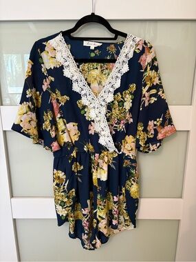 Love Tree Navy Floral Wrap Tunic with White Lace Trim